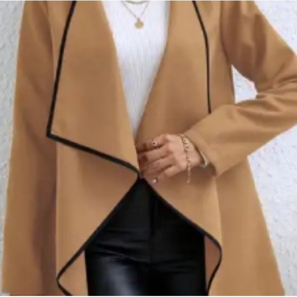 Stylish Tan Open Front Coat with Black Trim